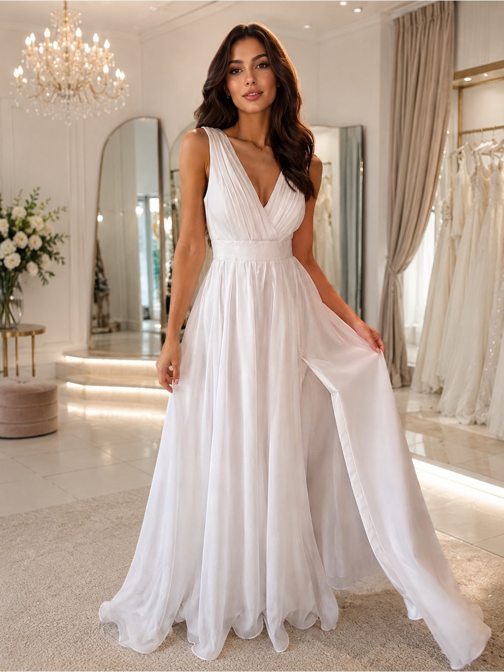 Elegant White V-Neck Wedding Dress